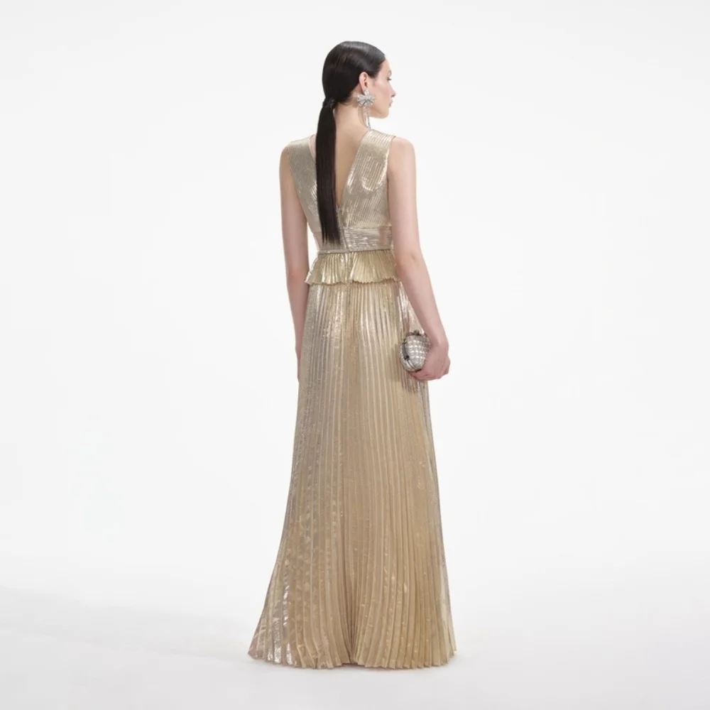 Self-Portrait Gold Metallic V-Neck Maxi Dress - Picture 3 of 10
